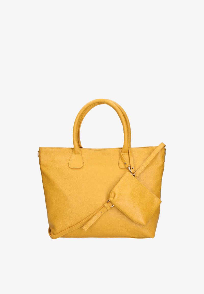 Geel leren tote bag met dubbele handvatten, ritsluiting en een bevestigde kleine tas. Zachte textuur en minimalistisch ontwerp.