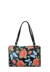 Zwarte handtas met een levendig bloemenroos patroon en blauwe vlinders. Beschikt over twee zwarte hengsels, gouden hardware en een ritssluiting.