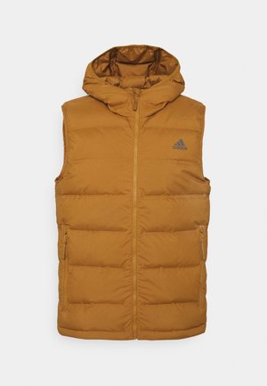 Brązowa pikowana kamizelka bez rękawów z kapturem, z suwakiem z przodu, dwoma kieszeniami bocznymi zapinanymi na zamek oraz logo Adidas na piersi.