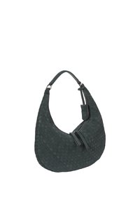 Mörkgrön vävd läderhandväska med en böjd form, utrustad med ett kort band och dragkedja som stängning. Texturerad yta med flätad detalj.