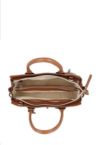 Borsa a mano in pelle marrone con due manici superiori, chiusure a zip e tre scomparti interni. Foderata in tessuto beige. Presenta una forma strutturata.