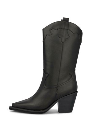 Schwarzer Cowboy-Stiefel aus Leder bis zur Mitte der Wade mit spitzer Schuhspitze, dekorativer Naht, Zuglasche und gestapeltem Blockabsatz.