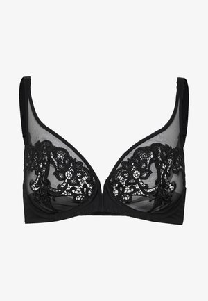 Soutien-gorge noir avec des bonnets en tulle transparent et une broderie en dentelle noire complexe. Décolleté en forme de U et bretelles réglables, avec une bande arrière lisse.