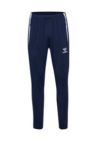 Pantalones de chándal navy hechos de un tejido ligero y suave. Cuentan con rayas laterales blancas y un pequeño logo en el muslo izquierdo. Cintura elástica.