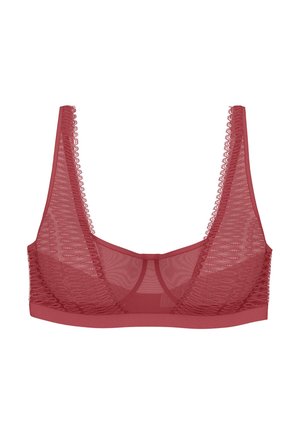 Bralette de encaje rosa intenso transparente con tirantes anchos y banda bajo el busto, que presenta detalles intrincados de encaje con bordes en forma de concha.