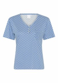 Bavlnené tričko v modrej farbe s diamantovým vzorom, s výstrihom do V, krátkymi rukávmi a prednou vreckom. Obsahuje tri gombíky nižšie od výstrihu.