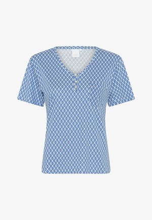 Bombažna majica v modri barvi z diamantnim vzorcem, z V-izrezom, kratkimi rokavi in sprednjo žepom. Ima tri gumbe pod izrezom.