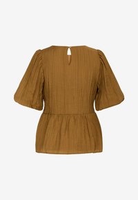 Braune, samtige Bluse mit Puffärmeln und Taillennaht. Schlüsselaugenverschluss auf der Rückseite mit einem kleinen Knopf. Geschmeidiger, fließender Stoff.