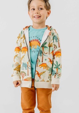 Junger Junge lächelt, trägt einen Kapuzenpullover mit Dinosaurier-Motiv zum Aufzippen, ein blaues T-Shirt mit Dinosaurier-Grafik und orangefarbene Hosen vor einfarbigem Hintergrund.