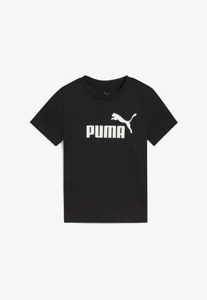 Schwarzes Baumwoll-T-Shirt mit kurzen Ärmeln, das ein weißes "PUMA"-Logo und eine springende Puma-Grafik auf der Vorderseite zeigt. Glatte Textur, klassischer Schnitt.