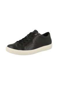 Black leather sneaker with a white rubber sole, featuring round toe, flat laces, and textured side detailing. Minimalist design.