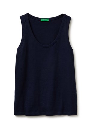 Granatowy bezrękawnik z okrągłym dekoltem oraz zieloną metką United Colors of Benetton umieszczoną wewnątrz kołnierzyka.