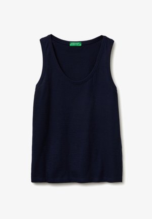 Débardeur bleu marine sans manches avec encolure dégagée et étiquette verte United Colors of Benetton à l'intérieur du col.