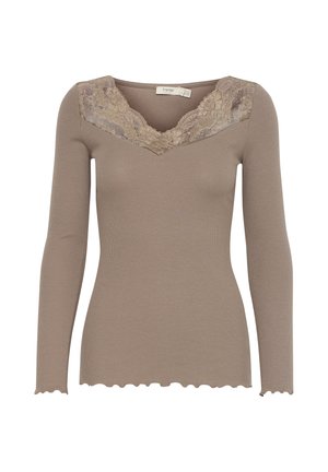 Long-sleeve top in light brown ribbed fabric with a V-neck and beige lace detailing around the neckline; scalloped hemline.