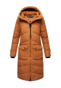 Brown puffer coat with a hood, zip closure, two front pockets, and elastic cuffs. Quilted design, mid-length, suitable for cold weather.