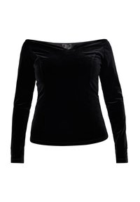 Zwarte fluwelen lange mouw top met een off-the-shoulder halslijn, aansluitend ontwerp en een zachte textuur, met een subtiele glans.