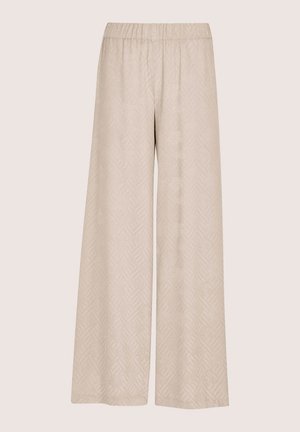 Hellbeige Hosen mit weitem Bein und elastischem Bund, mit dezentem geometrischem Muster und glatter Textur. Ohne sichtbare Taschen oder Beschläge.