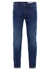 Dark blue denim jeans with a slim fit, traditional five-pocket design, stitched detailing, and a slightly faded texture on the front.