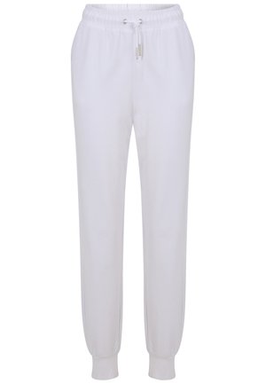 Pantaloni della tuta bianchi con vita elastica e cordino regolabile. Polsini alle caviglie, tessuto morbido e vestibilità comoda.