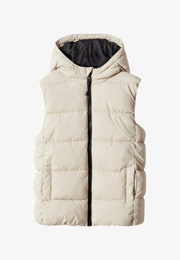 Hellbeige steppweste mit Kapuze, schwarzem Reißverschluss und zwei Seitentaschen; die gesteppten Textur bietet Isolierung und Komfort.