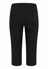 Black cropped pants made of smooth fabric, featuring a fitted design, two back pockets, and a simple waistband.