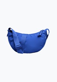 Borsa a tracolla in nylon blu con una forma curva, tracolla regolabile, chiusura con zip e due cerniere laterali per scomparti aggiuntivi.