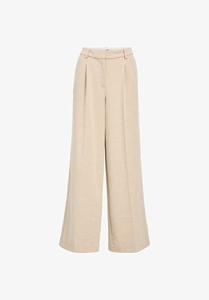 Světle béžové kalhoty s širokými nohavicemi vyrobené z texturované tkaniny, s vysokým pasem, předními sklady a bočními kapsami pro větší funkčnost.