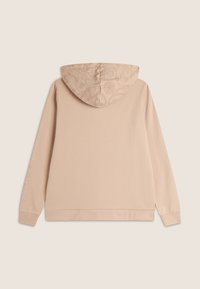 Felpa rosa chiaro con cappuccio a fantasia. Presenta maniche lunghe e polsini elasticizzati. Design semplice senza loghi o decorazioni visibili.