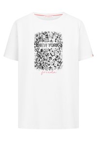 Witte katoenen t-shirt met een grijs en zwart abstract camouflagepatroon en de tekst "NEW YORK". Licht losse pasvorm, ronde halslijn.