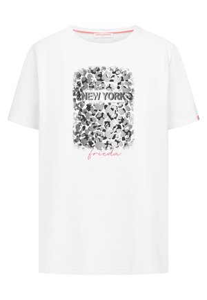 Witte katoenen t-shirt met een grijs en zwart abstract camouflagepatroon en de tekst "NEW YORK". Licht losse pasvorm, ronde halslijn.
