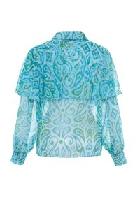 Blouse transparente à manches longues avec un motif floral abstrait bleu et vert, détail de cape superposé au dos et poignets à bouton.