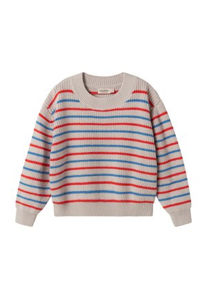 Μπεζ πλεκτό πουλόβερ με κόκκινες και μπλε οριζόντιες ρίγες, μακρυά μανίκια και στρογγυλή ριμπ υφασμένη λαιμόκοψη και μανσέτες.