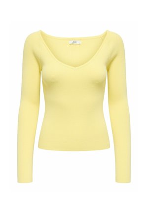 Ribbet langærmet top i blød gul, med V-udskæring og tætsiddende pasform, lavet af strækbart stof.