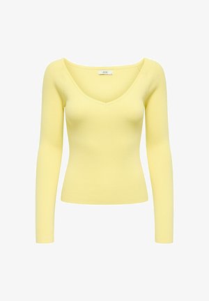 Ribbet langærmet top i blød gul, med V-udskæring og tætsiddende pasform, lavet af strækbart stof.
