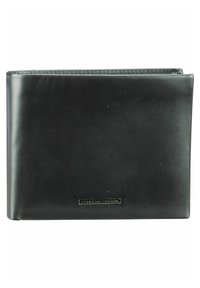 Portefeuille en cuir noir avec une texture lisse, de forme rectangulaire et une marque discrète sur le devant. Design minimaliste avec des lignes épurées.