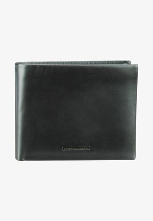 Portefeuille en cuir noir avec une texture lisse, de forme rectangulaire et une marque discrète sur le devant. Design minimaliste avec des lignes épurées.