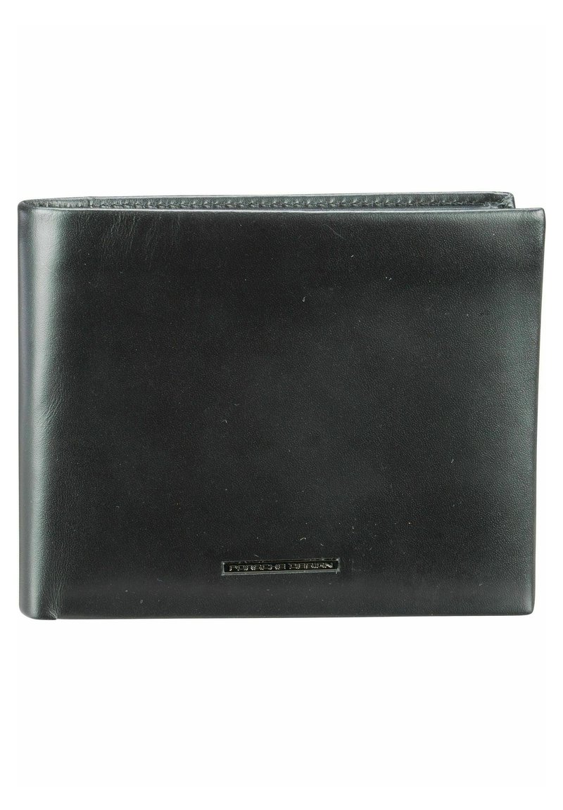 Portefeuille en cuir noir avec une texture lisse, de forme rectangulaire et une marque discrète sur le devant. Design minimaliste avec des lignes épurées.