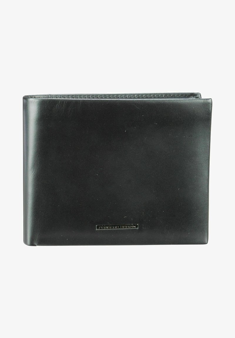 Portefeuille en cuir noir avec une texture lisse, de forme rectangulaire et une marque discrète sur le devant. Design minimaliste avec des lignes épurées.
