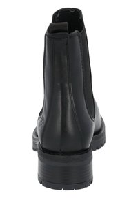 Bota de cuero negro hasta el tobillo con paneles laterales elásticos, puntera redondeada y tacón apilado. Presenta una textura suave y detalles de costura.