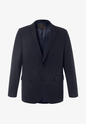 Marineblazer aus glattem Stoff, mit einem Knopfverschluss, Reverskragen, zwei Fronttaschen und gemusterter Futter sichtbar innen.