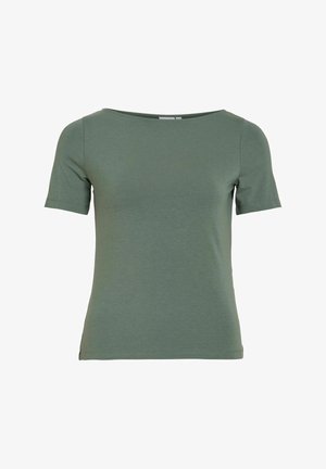 Schlichtes olivgrünes T-Shirt mit kurzen Ärmeln und Rundhalsausschnitt, auf weißem Hintergrund dargestellt.