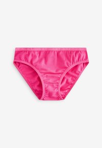 Rosa bomullstrosa med en slät yta, elastiskt midjeband och diskret branding längs toppen. Klassisk bikinitrosa.