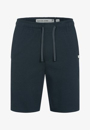Mørkeblå knælange shorts med elastisk taljebånd, snørejustering og en lille hvid logomærke på siden.