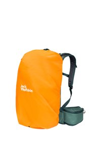 Oranje rugzak met gevoerde schouderbanden en een groene heuptas. Voorzien van een logo aan de voorkant en gemaakt van een glad, lichtgewicht materiaal.