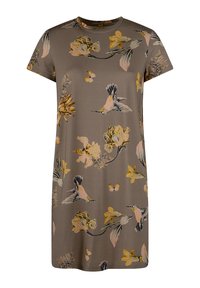 Kurzärmeliges, knielanges Kleid in Beige mit einem Blumenmuster. Es zeigt Vögel und Schmetterlinge in Rosa- und Gelbtönen. Glatte Textur.