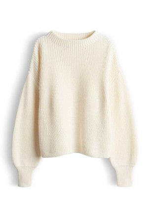 Strickpullover in Cremefarbe mit Rundhalsausschnitt, langen Ballonärmeln, gerippten Bündchen und einem strukturierten Zopfmuster am Körper.