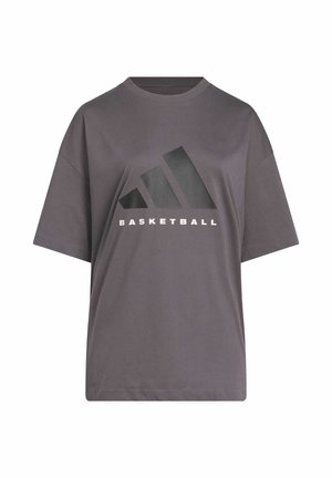 Gray short-sleeve T-shirt with a round neck, featuring a large black logo and the word "BASKETBALL" in white below the logo.