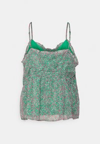 Camisola floral verde com alças finas e ajustáveis, apresentando um corpete franzido e tecido leve e transparente. Destaca-se com flores em tons de rosa e branco.