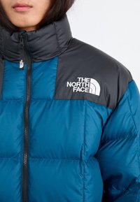 Kvinde iført en blå og sort The North Face pufferjakke, lynet op til halsen, med synlig mærkelogo på brystet.