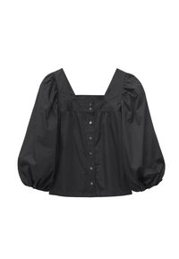 Blouse noire avec encolure carrée, boutons devant et manches longues bouffantes volumineuses resserrées aux poignets.